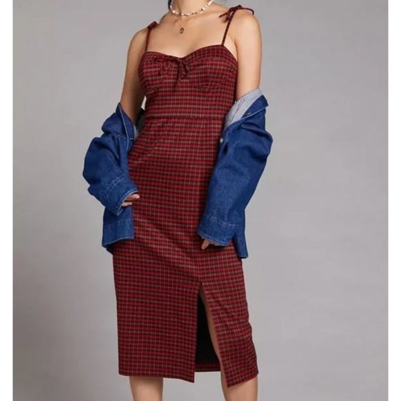 Anthropologie Dresses & Skirts - Anthropologie Hutch Plaid Bustier Tie Sleeve Midi Dress Red Black Large
